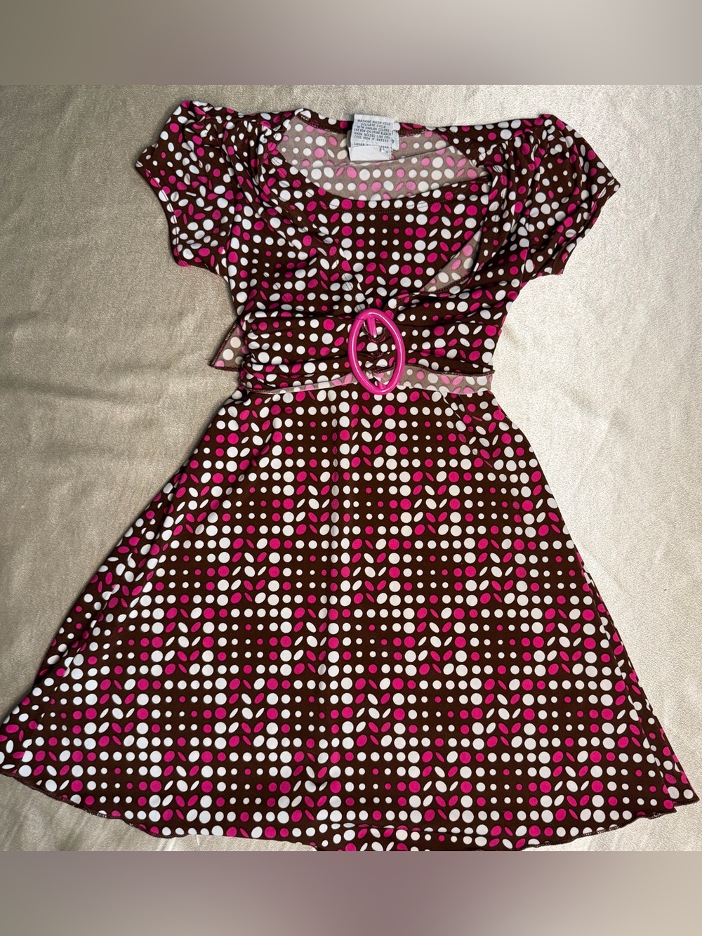 Speechless Girls Brown/ Pink Polka Dot Cap Sleeve Dress with Belt Detail Size 6